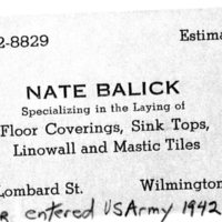 Nate Balick's business Card before entering the U.S. Army in 1942.