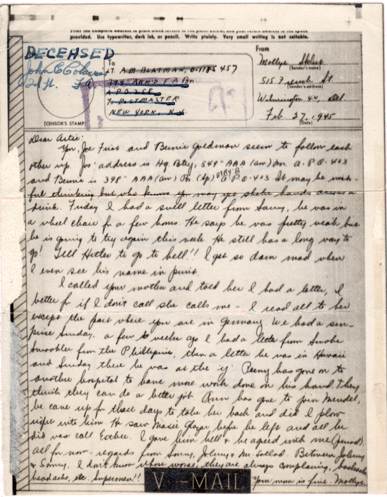 Letter from Mollye Sklut to Artie Blatman, 1945